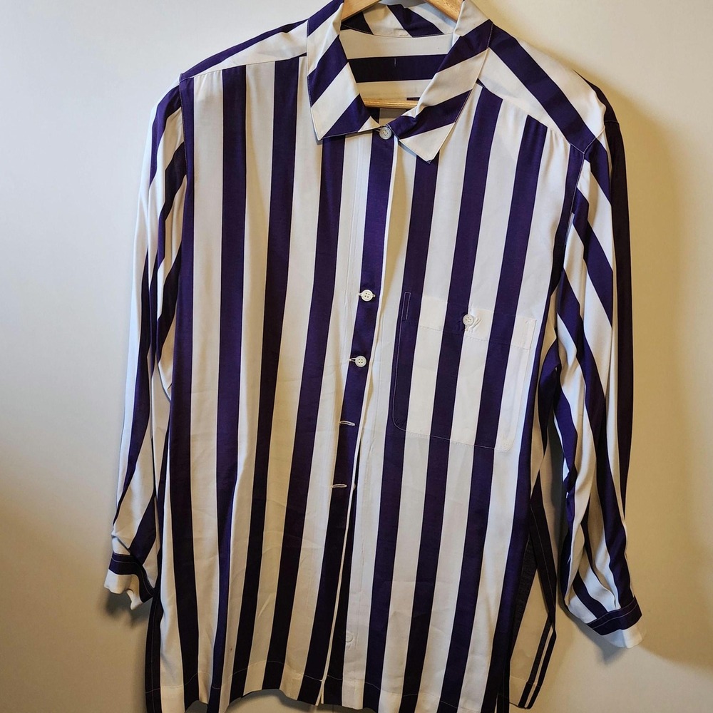 Purple and white vertical stripped silky feel long button up blouse